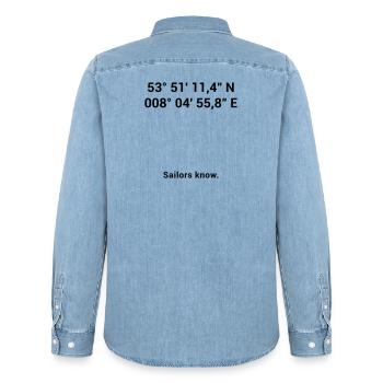 Red Sand Lighthouse - Maritime North Sea Baltic Sea - Men’s Organic Denim Shirt by Stanley/Stella - light wash - Back - AI Model Male 185 light (185cm)