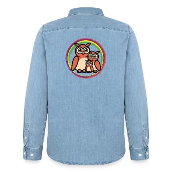 Eulen Cartoon - Männer Jeanshemd Organic von Stanley/Stella - verwaschenes Hellblau - Hinten - AI Model Male 185 light (185cm)