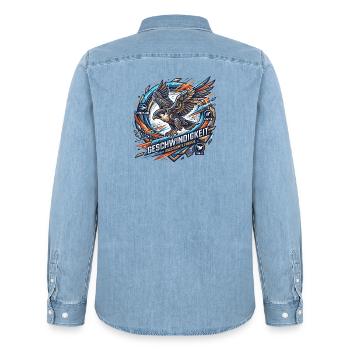 Geschwindigkeit – Ungezähmte Energie - Männer Jeanshemd Organic von Stanley/Stella - verwaschenes Hellblau - Hinten - AI Model Male 185 light (185cm)