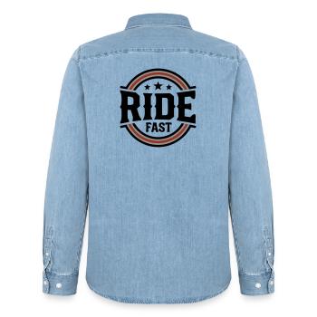 Ride Fast Badge Logo - Men’s Organic Denim Shirt by Stanley/Stella - light wash - Back - AI Model Male 185 light (185cm)