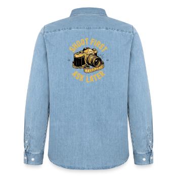 Shoot First Ask Later - Men’s Organic Denim Shirt by Stanley/Stella - light wash - Back - AI Model Male 185 light (185cm)