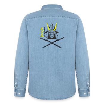 Samuraihelm Kabuto 5 - Männer Jeanshemd Organic von Stanley/Stella - verwaschenes Hellblau - Hinten - AI Model Male 185 light (185cm)