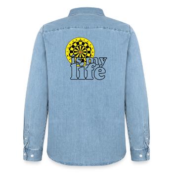 Fléchettes, fléchettes, fléchettes, chemise, fléchettes, c’est ma vie - Chemise en denim homme bio Stanley/Stella - bleu clair délavé - Dos - AI Model Male 185 light (185cm)