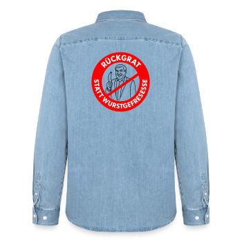 Backbone instead of sausage eating! DESIRED COLORS Comic - Men’s Organic Denim Shirt by Stanley/Stella - light wash - Back - AI Model Male 185 light (185cm)