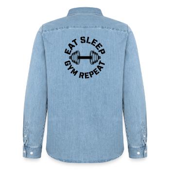 gym - Men’s Organic Denim Shirt by Stanley/Stella - light wash - Back - AI Model Male 185 light (185cm)