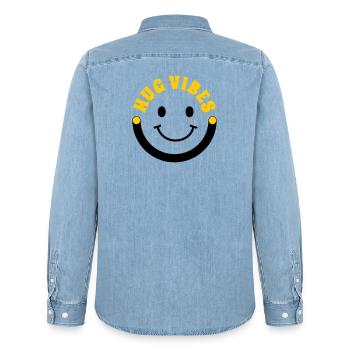 Minimalist Hug Vibes – Typography with Smile Curve - Men’s Organic Denim Shirt by Stanley/Stella - light wash - Back - AI Model Male 185 light (185cm)