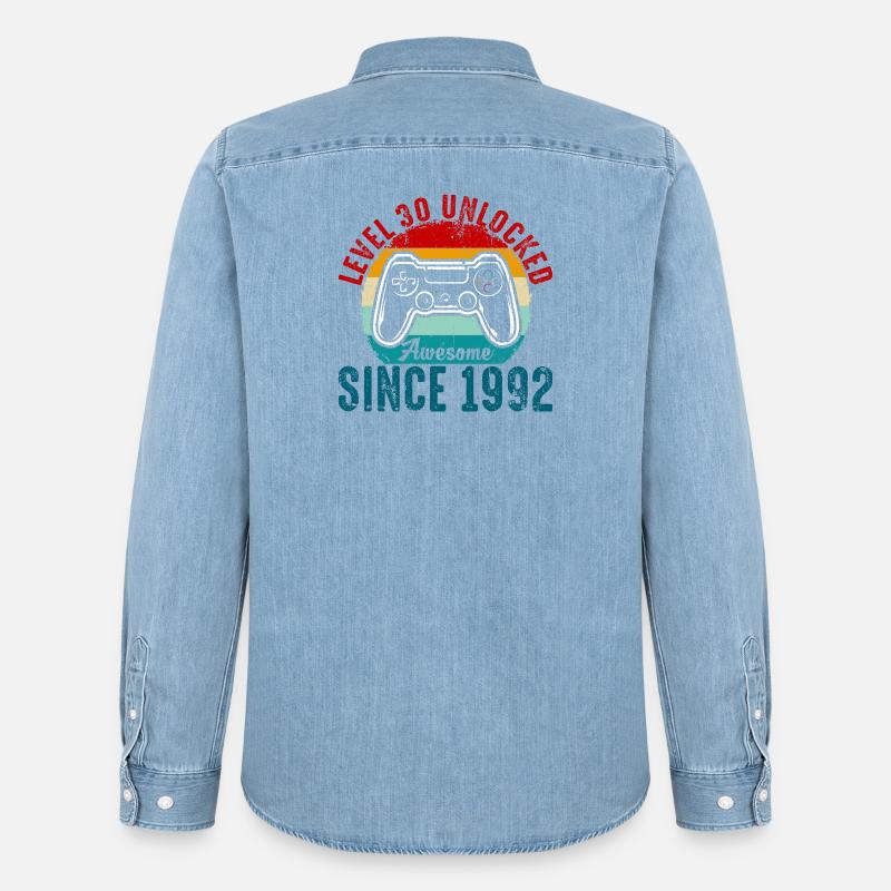 Level 30 Unlocked Retro Controller Tee - Men’s Organic Denim Shirt by Stanley/Stella - light wash