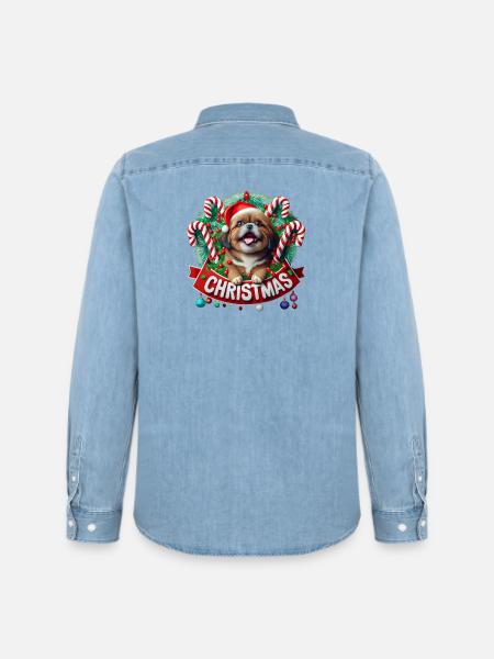 christmas Mignon petit chien - Chemise en denim homme bio Stanley/Stella - bleu clair délavé