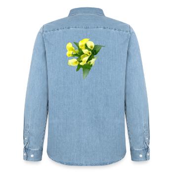 Delicate yellow calla flowers - Men’s Organic Denim Shirt by Stanley/Stella - light wash - Back - AI Model Male 185 light (185cm)