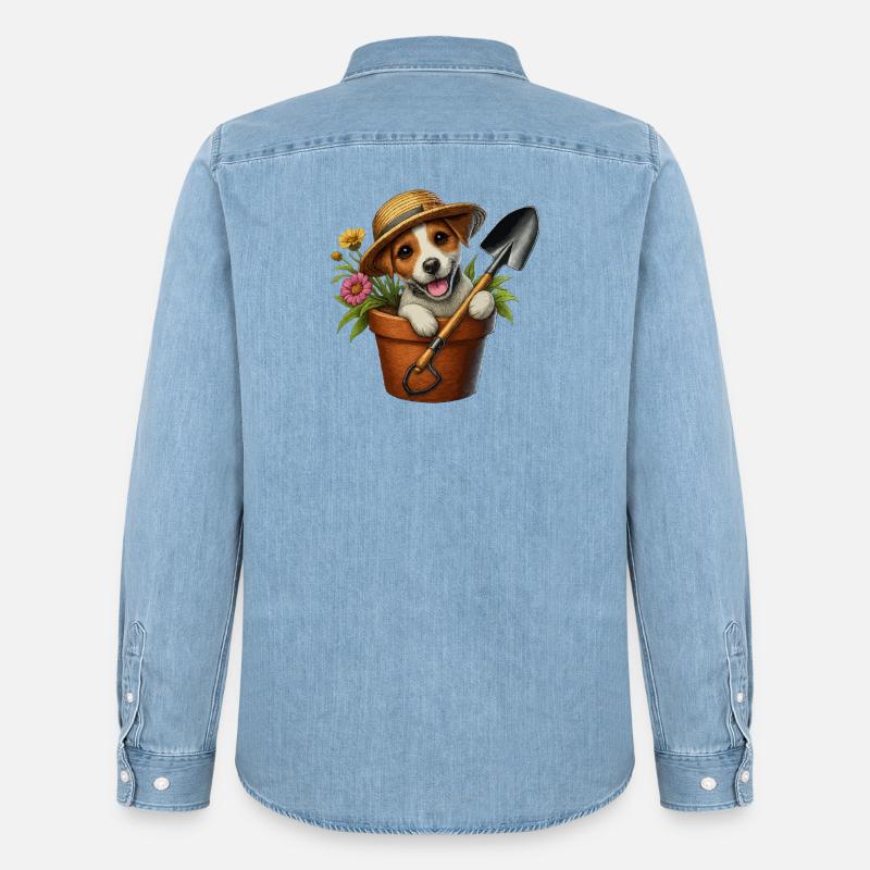 Jack Russell Terrier Blumentopf Gartendesign - Männer Jeanshemd Organic von Stanley/Stella - verwaschenes Hellblau