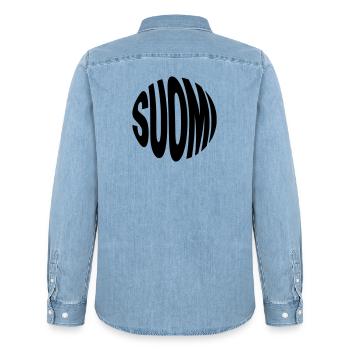 Suomi - Finland inscription - Men’s Organic Denim Shirt by Stanley/Stella - light wash - Back - AI Model Male 185 light (185cm)