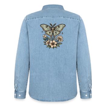 Moth with flower bouquet - Men’s Organic Denim Shirt by Stanley/Stella - light wash - Back - AI Model Male 185 light (185cm)