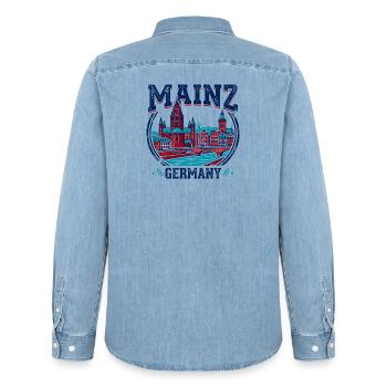 Mainz Germany Cathedral Rhine River Emblem - Männer Jeanshemd Organic von Stanley/Stella - verwaschenes Hellblau - Hinten - AI Model Male 185 light (185cm)