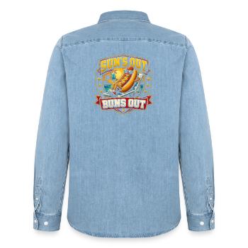 Soleil qui sort, ça roule, hot dog drôle - Chemise en denim homme bio Stanley/Stella - bleu clair délavé - Dos - AI Model Male 185 light (185cm)