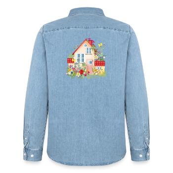 villa colorée avec jardin luxuriant - Une maison de rêve - Chemise en denim homme bio Stanley/Stella - bleu clair délavé - Dos - AI Model Male 185 light (185cm)