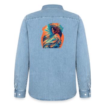 Femme avec des vagues de feu et d’eau - Chemise en denim homme bio Stanley/Stella - bleu clair délavé - Dos - AI Model Male 185 light (185cm)