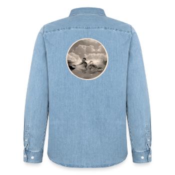 Enten Pärchen im Ententeich in nostalgischen Sepia - Männer Jeanshemd Organic von Stanley/Stella - verwaschenes Hellblau - Hinten - AI Model Male 185 light (185cm)