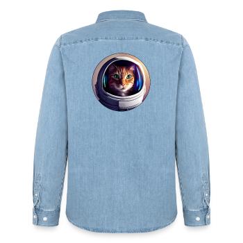 Space cat in helmet - Men’s Organic Denim Shirt by Stanley/Stella - light wash - Back - AI Model Male 185 light (185cm)