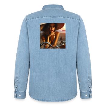 Sunset Beach Chic on a Bike - Men’s Organic Denim Shirt by Stanley/Stella - light wash - Back - AI Model Male 185 light (185cm)