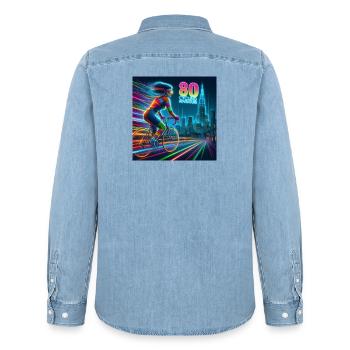 80s Cycling Adventure Neon Girl Bike Retro Style - Men’s Organic Denim Shirt by Stanley/Stella - light wash - Back - AI Model Male 185 light (185cm)