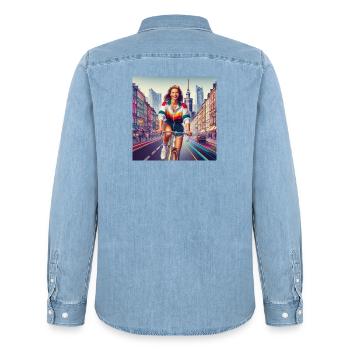 Warschau Radfahren Retro Girl Ikonischer Stil der 80er Jahre - Männer Jeanshemd Organic von Stanley/Stella - verwaschenes Hellblau - Hinten - AI Model Male 185 light (185cm)