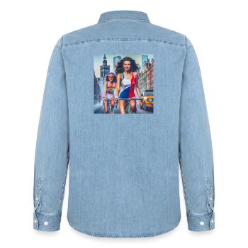 Two girls cycling in retro Warsaw - 80s style - Men’s Organic Denim Shirt by Stanley/Stella - light wash - Back - AI Model Male 185 light (185cm)