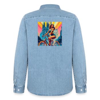 Heilige Familie Vintage Mädchen auf Fahrrad - Männer Jeanshemd Organic von Stanley/Stella - verwaschenes Hellblau - Hinten - AI Model Male 185 light (185cm)