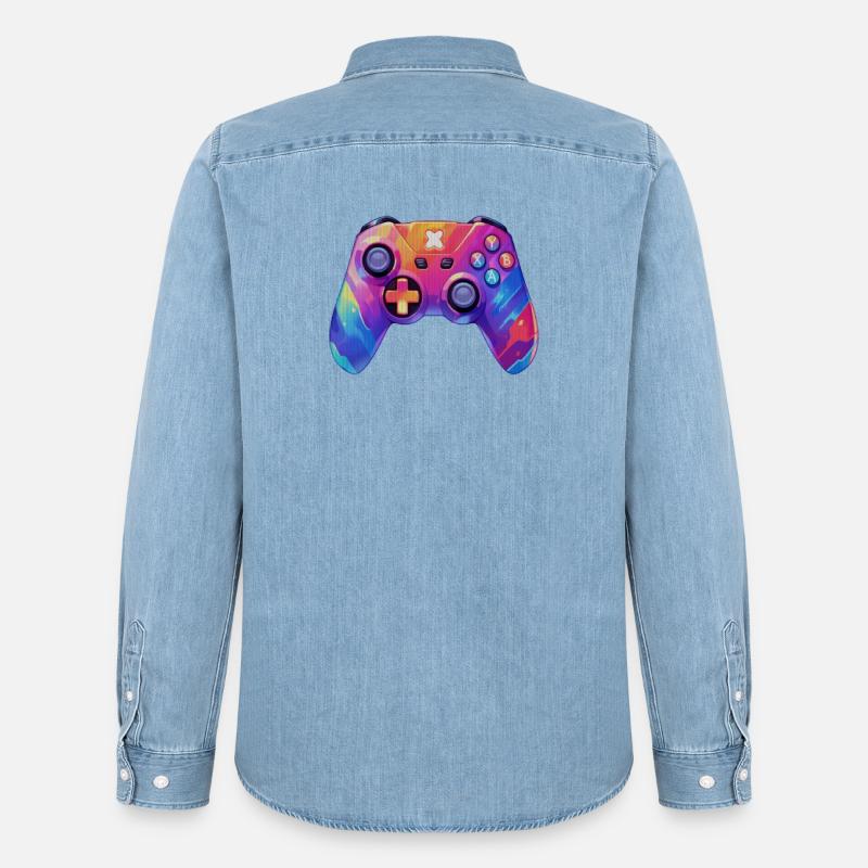 Pixel-Art-Videospiel-Controller - Männer Jeanshemd Organic von Stanley/Stella - verwaschenes Hellblau