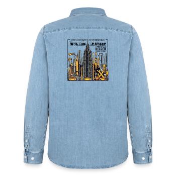 Auch Wolkenkratzer haben als Keller angefangen - Männer Jeanshemd Organic von Stanley/Stella - verwaschenes Hellblau - Hinten - AI Model Male 185 light (185cm)