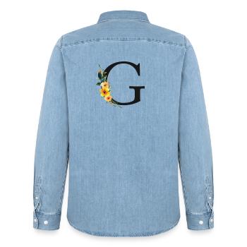 G Monogram, Floral, Personalizable - Men’s Organic Denim Shirt by Stanley/Stella - light wash - Back - AI Model Male 185 light (185cm)
