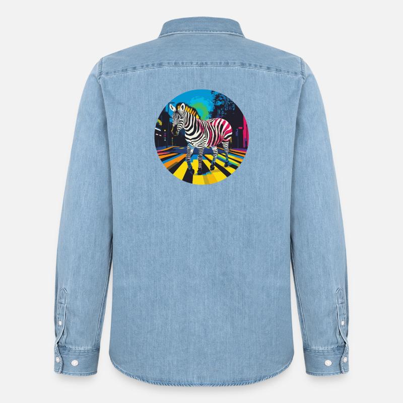 Buntes Zebra in Neon-Stadtbild - Männer Jeanshemd Organic von Stanley/Stella - verwaschenes Hellblau
