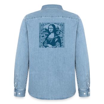Blue modern Mona-Lisa motif with wave print - Men’s Organic Denim Shirt by Stanley/Stella - light wash - Back - AI Model Male 185 light (185cm)