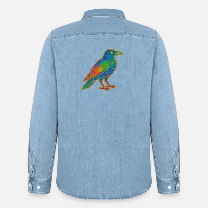 Rabe | Krähe | Regenbogen Vogel Glitzer Patch - Männer Jeanshemd Organic von Stanley/Stella - verwaschenes Hellblau