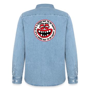 Good Day Be Happy Positive Motivation Happiness Saying - Men’s Organic Denim Shirt by Stanley/Stella - light wash - Back - AI Model Male 185 light (185cm)