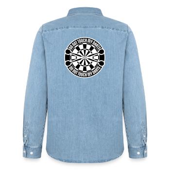 Do Not Touch My Darts Warning Darts Player Humor - Men’s Organic Denim Shirt by Stanley/Stella - light wash - Back - AI Model Male 185 light (185cm)