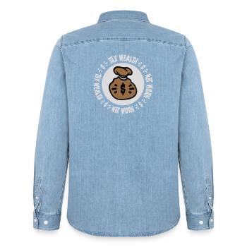Tax Wealth Not Work Progressive Politics Economy - Men’s Organic Denim Shirt by Stanley/Stella - light wash - Back - AI Model Male 185 light (185cm)