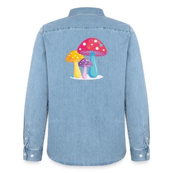 Illustration colorée du trio de champignons Graphique de champignons colorés - Chemise en denim homme bio Stanley/Stella - bleu clair délavé - Dos - AI Model Male 185 light (185cm)