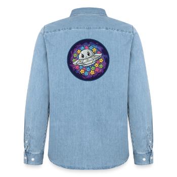 Kuscheliges UFO mit Sternenzauber - Männer Jeanshemd Organic von Stanley/Stella - verwaschenes Hellblau - Hinten - AI Model Male 185 light (185cm)