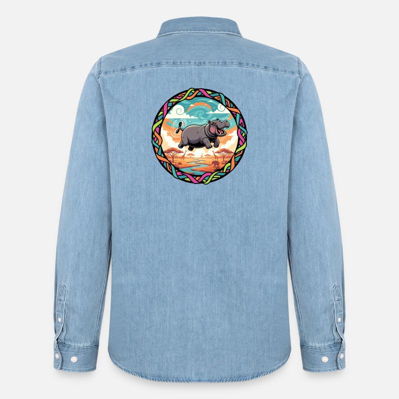 Witziger Hippo fliegendes Nilpferd bunt Savanne  - Männer Jeanshemd Organic von Stanley/Stella - verwaschenes Hellblau