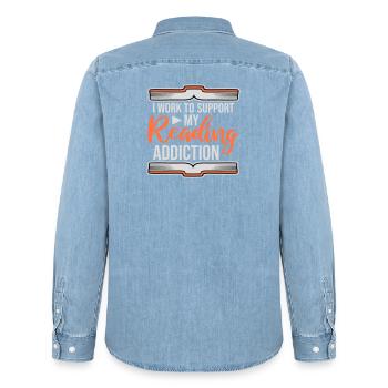 I Work To Support My Reading Addiction Books Logo - Men’s Organic Denim Shirt by Stanley/Stella - light wash - Back - AI Model Male 185 light (185cm)