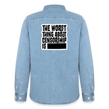 Le pire dans la censure, c’est l’ironie amusante - Chemise en denim homme bio Stanley/Stella - bleu clair délavé - Dos - AI Model Male 185 light (185cm)