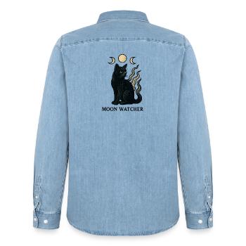 Chat Gardien de la Lune - Chemise en denim homme bio Stanley/Stella - bleu clair délavé - Dos - AI Model Male 185 light (185cm)