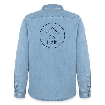 Dachdecker Jo Hält Spruch Badge - Männer Jeanshemd Organic von Stanley/Stella - verwaschenes Hellblau - Hinten - AI Model Male 185 light (185cm)