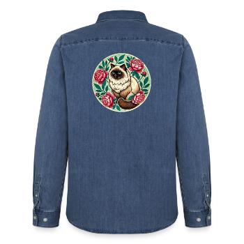 Portrait de chat en cercle floral - Chemise en denim homme bio Stanley/Stella - bleu moyen délavé  - Dos - AI Model Male 185 light (185cm)