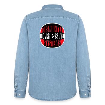 Déclaration d’activisme pour démanteler les systèmes oppressifs - Chemise en denim homme bio Stanley/Stella - bleu clair délavé - Dos - AI Model Male 185 light (185cm)