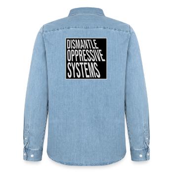 Déclaration d’activisme pour démanteler les systèmes oppressifs - Chemise en denim homme bio Stanley/Stella - bleu clair délavé - Dos - AI Model Male 185 light (185cm)