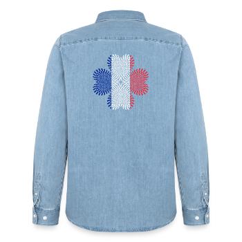 Tricolor Flag Spirals - Men’s Organic Denim Shirt by Stanley/Stella - light wash - Back - AI Model Male 185 light (185cm)