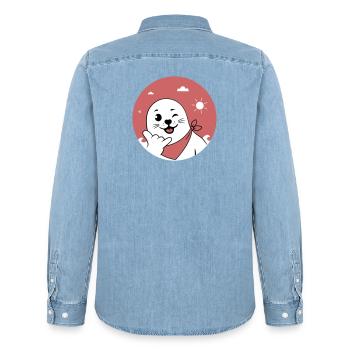 Winking Seal Wearing a Bandana Throwing Shaka Sign - Men’s Organic Denim Shirt by Stanley/Stella - light wash - Back - AI Model Male 185 light (185cm)