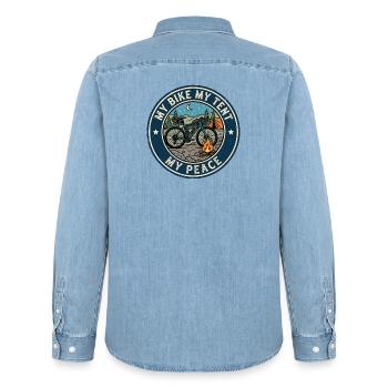 Mein Fahrrad Mein Zelt Mein Frieden Bikepacking - Männer Jeanshemd Organic von Stanley/Stella - verwaschenes Hellblau - Hinten - AI Model Male 185 light (185cm)