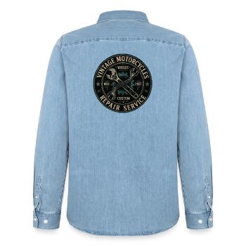 Vintage Motorradreparatur Schild - Männer Jeanshemd Organic von Stanley/Stella - verwaschenes Hellblau - Hinten - AI Model Male 185 light (185cm)
